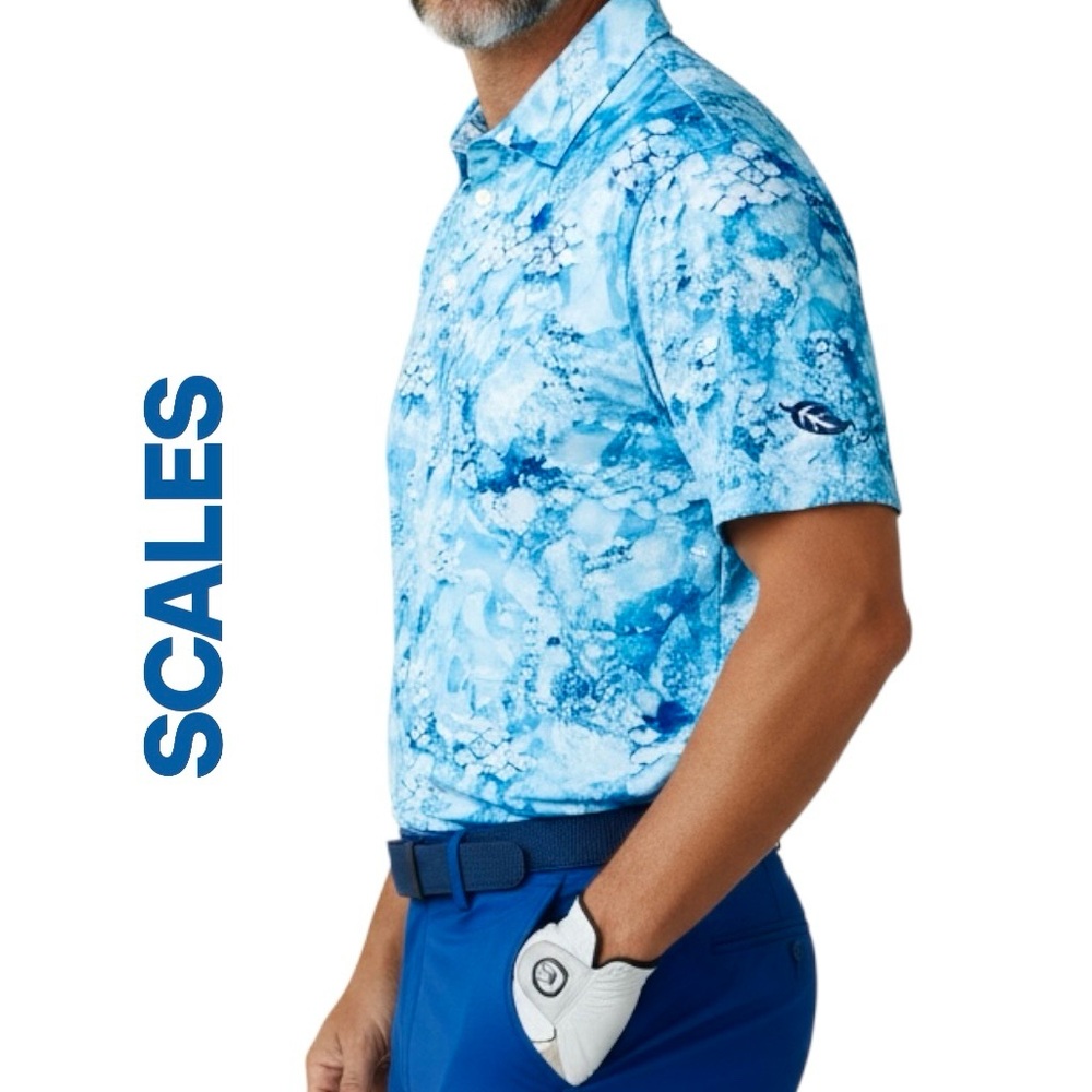 Scales Gear Golf Polo UPF50+ Clubhouse Collection Aqua Abstract Beach Shirt Sz L